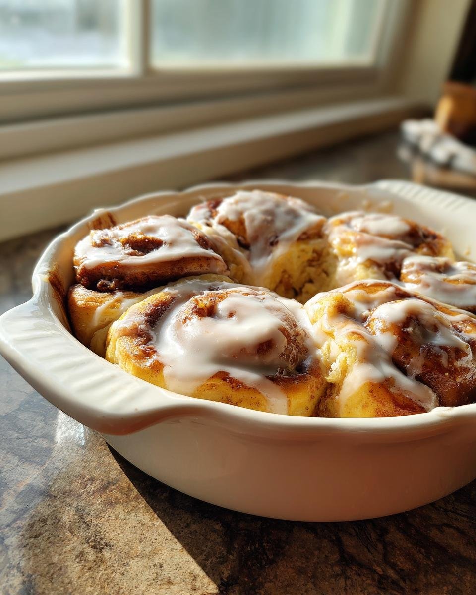 Close-up of freshly baked Banana Bread Cinnamon Rolls topped with sweet white icing in a white baking dish.