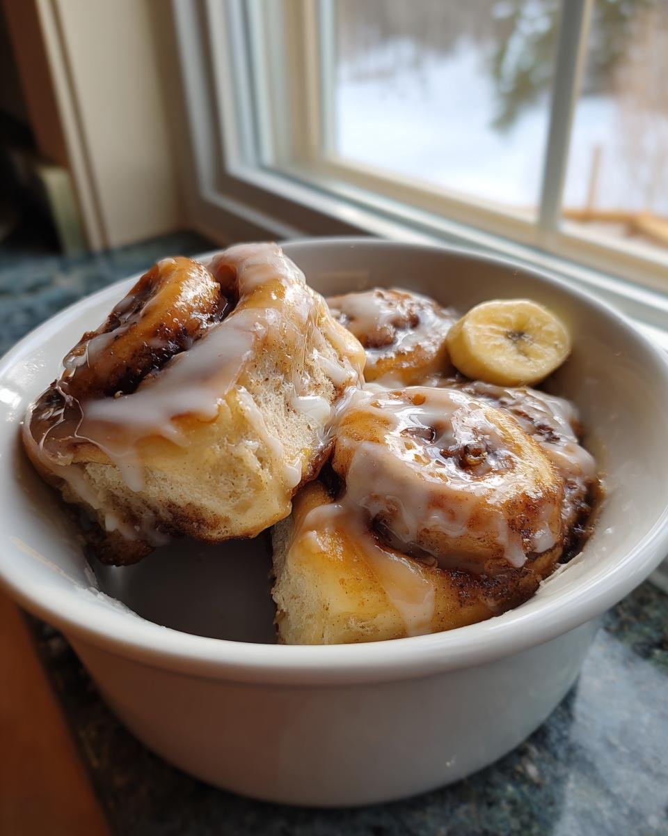 Three warm Banana Bread Cinnamon Rolls covered in white icing, served in a white bowl with a slice of banana.