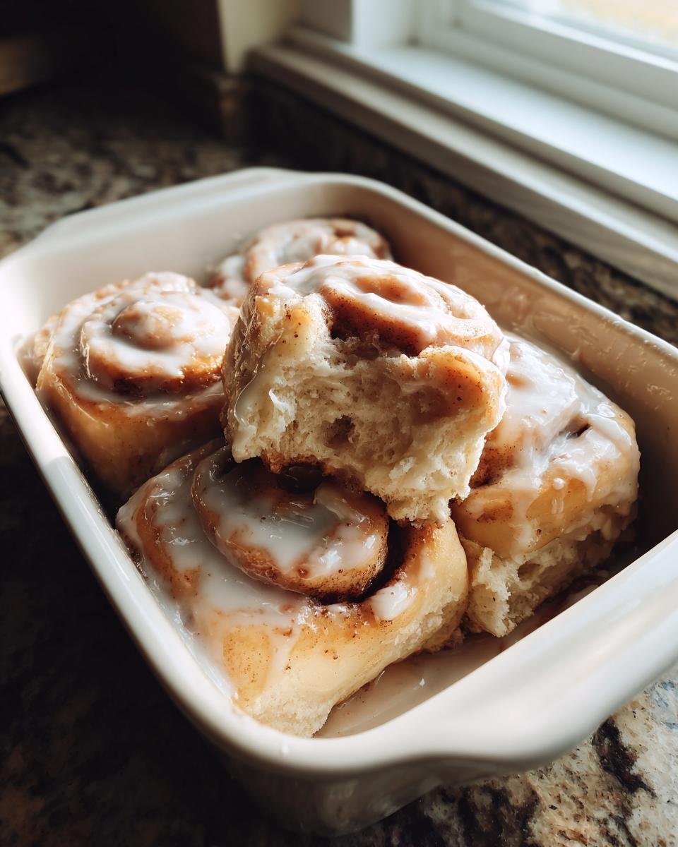 Close-up of soft Banana Bread Cinnamon Rolls topped with white glaze in a cream baking dish.
