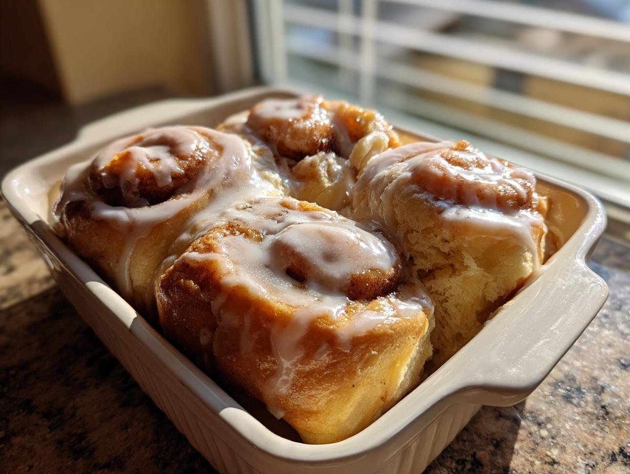 Four freshly baked Banana Bread Cinnamon Rolls topped with thick white icing in a ceramic baking dish.