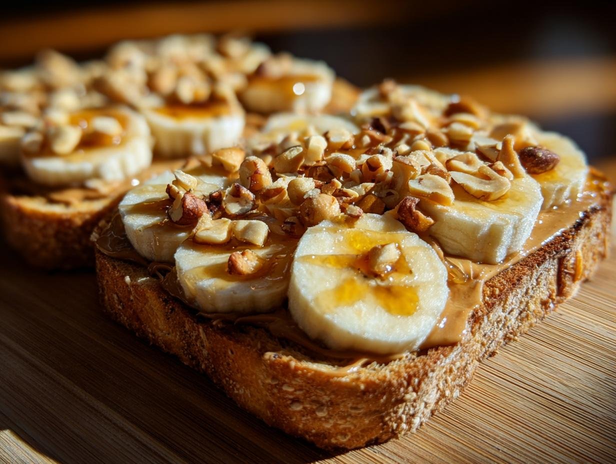 Close-up of a Banana Split Breakfast Toast topped with peanut butter, banana slices, chopped nuts, and honey.