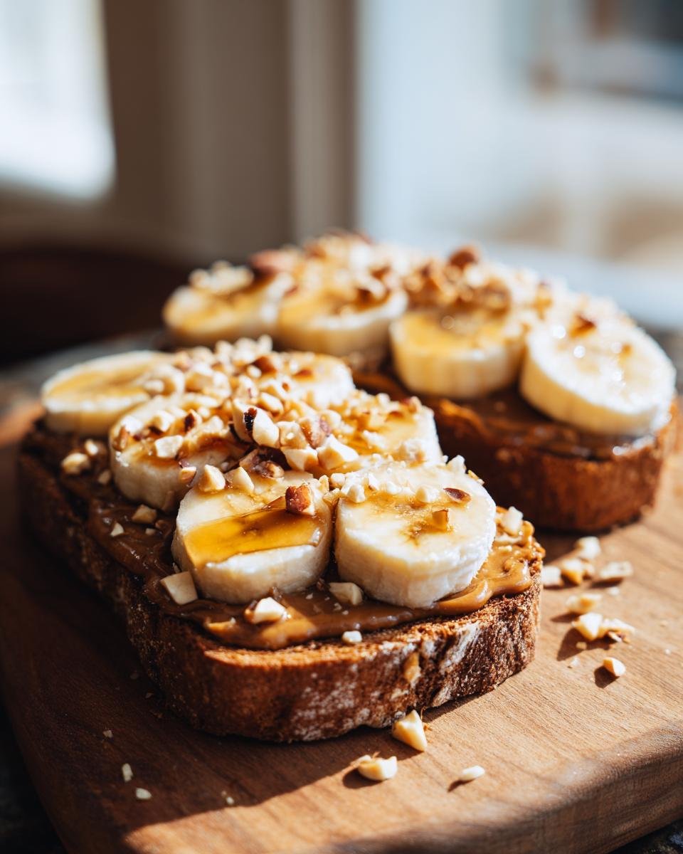 Close-up of two slices of Banana Split Breakfast Toast topped with peanut butter, banana slices, chopped nuts, and honey.