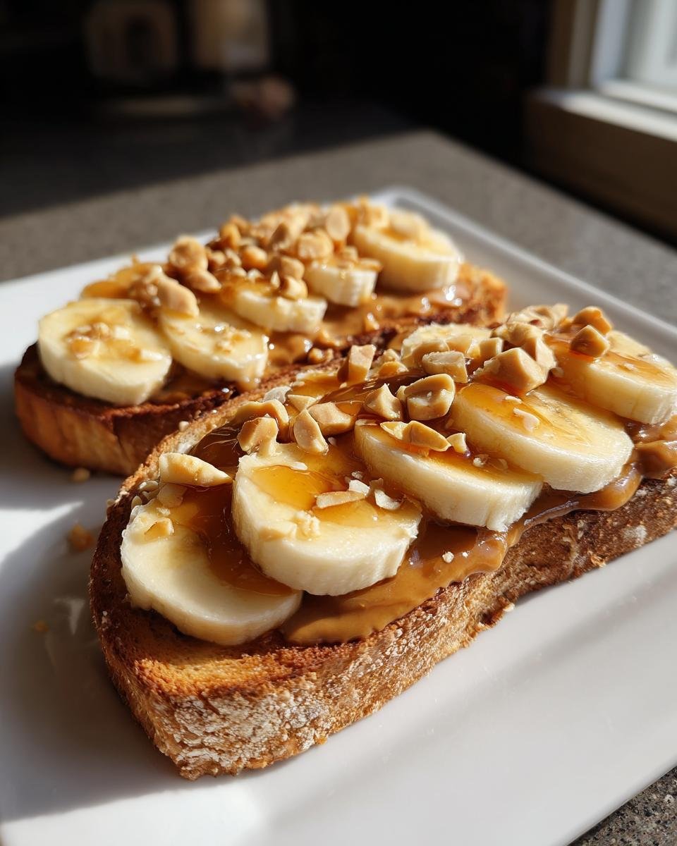Two slices of Banana Split Breakfast Toast topped with peanut butter, banana slices, chopped peanuts, and syrup.