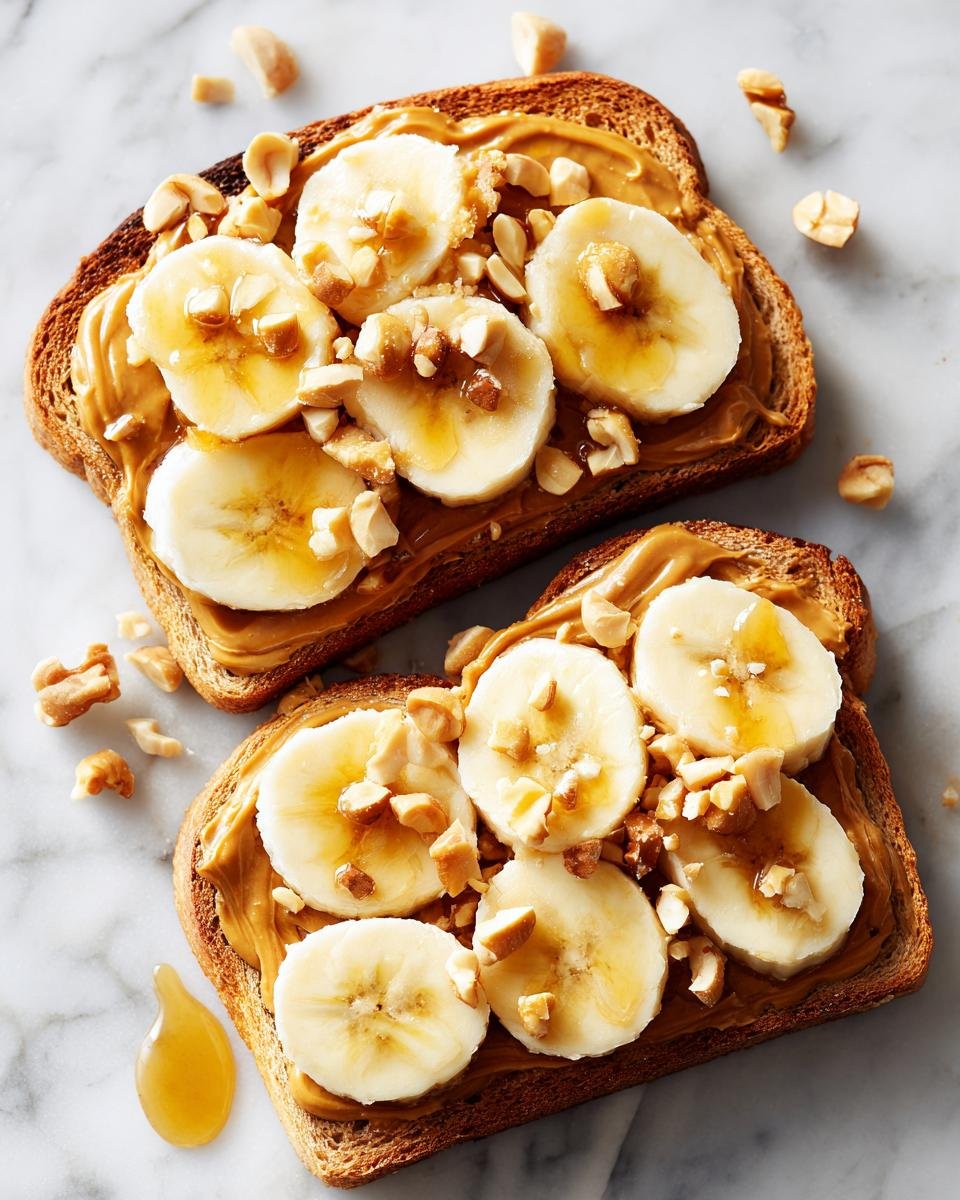 Two slices of Banana Split Breakfast Toast topped with peanut butter, banana slices, chopped nuts, and a drizzle of honey.