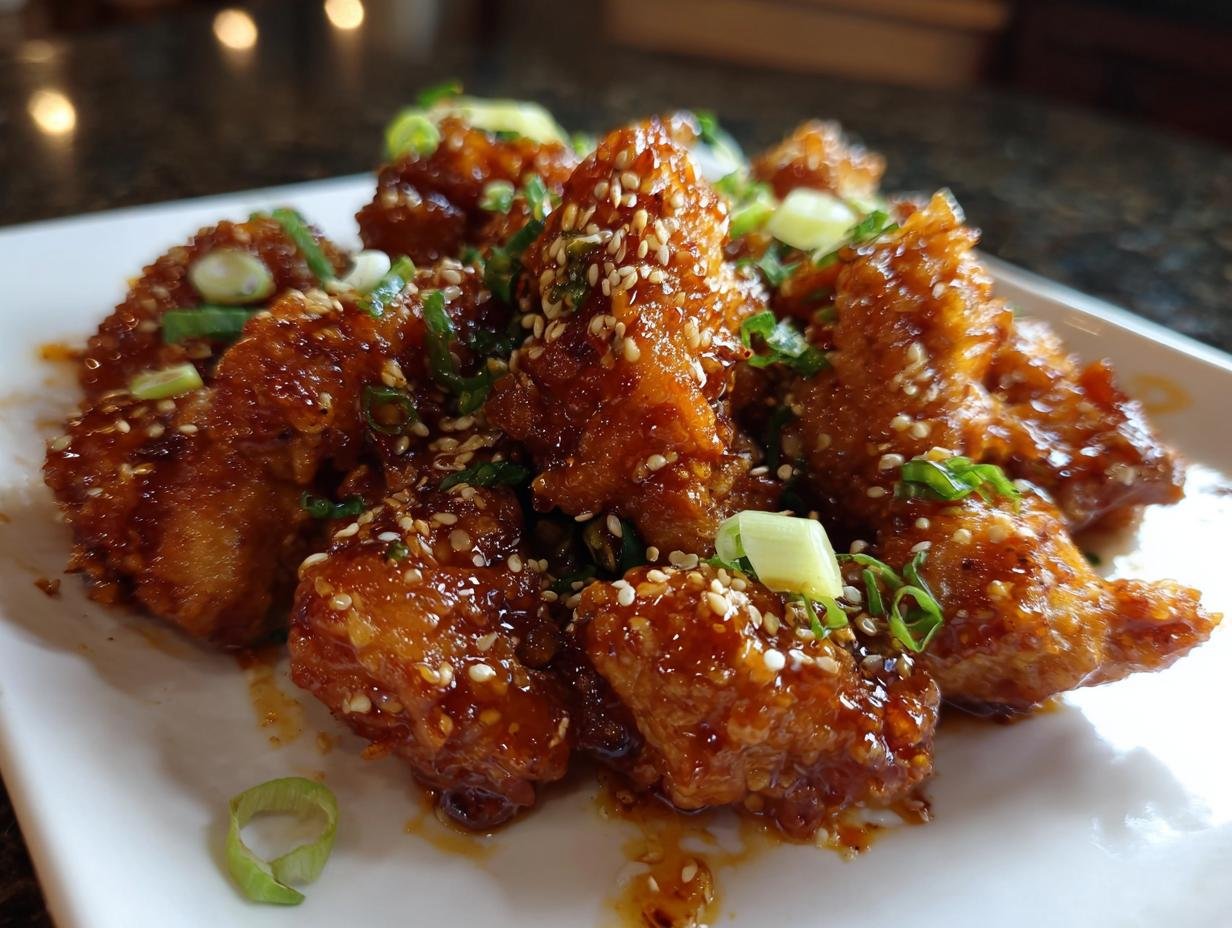 Close-up of Irresistible Bang Bang Chicken coated in a glossy sauce, sprinkled with sesame seeds and green onions.