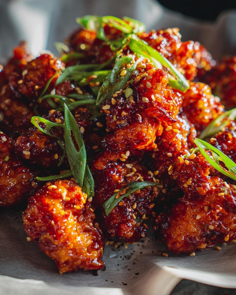 Close-up of Irresistible Bang Bang Chicken, coated in a glossy sauce and sprinkled with sesame seeds and green onions.
