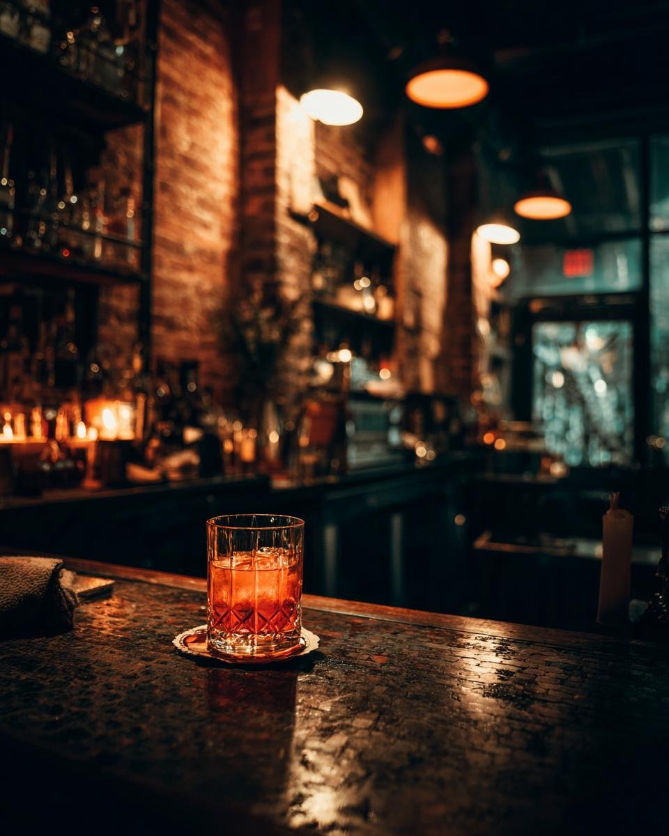 A classic cocktail sits on the bar at Bar Convent Brooklyn 2025, with brick walls and shelves of bottles in the background.