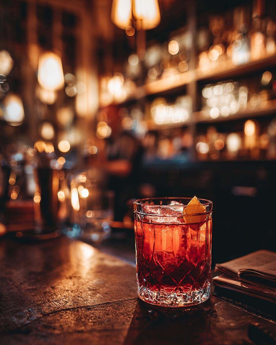A red cocktail with ice and an orange peel sits on a wooden bar, with blurred bar shelves and lights in the background, at Bar Convent Brooklyn 2025.