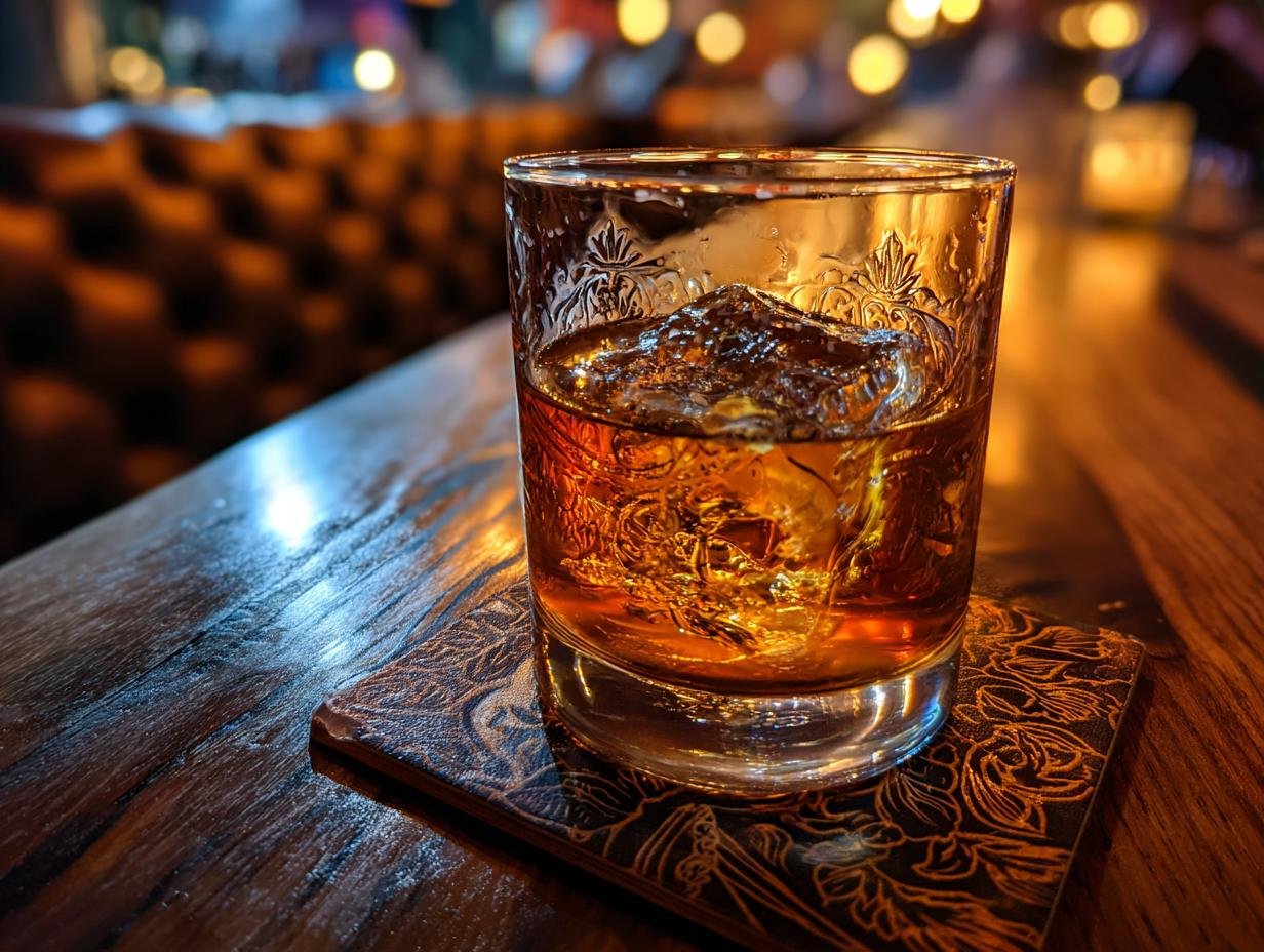 A glass of whiskey with ice sits on a decorative coaster on a wooden bar, hinting at the atmosphere of Bar Convent Brooklyn 2025.