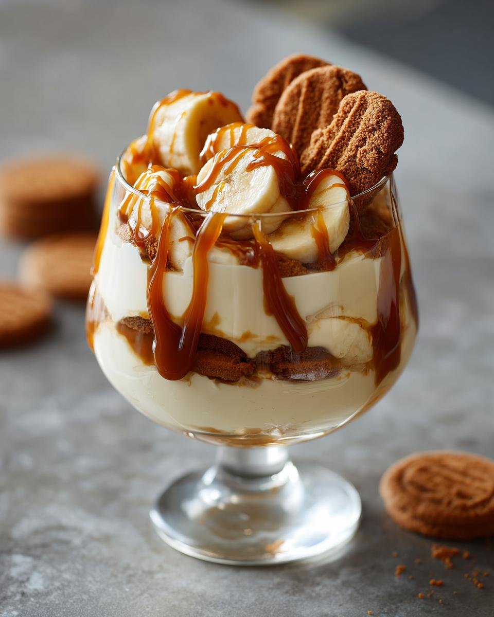 A delicious Biscoff Banana Pudding With Caramel layered in a glass, topped with fresh banana slices and drizzled with caramel sauce.