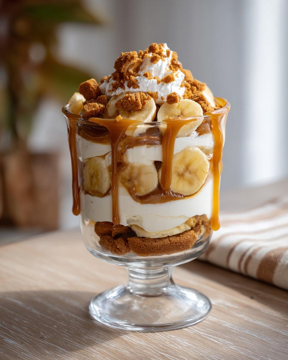 A decadent Biscoff Banana Pudding With Caramel layered in a glass, topped with whipped cream and Biscoff crumbs.