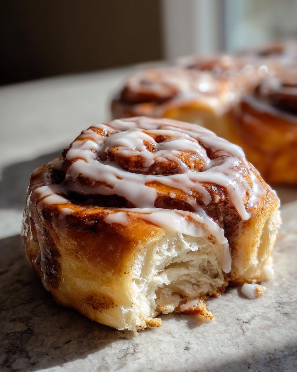 A close-up of a soft, glazed Biscoff Cookie Butter Cinnamon Roll with a bite taken out, showing fluffy interior.
