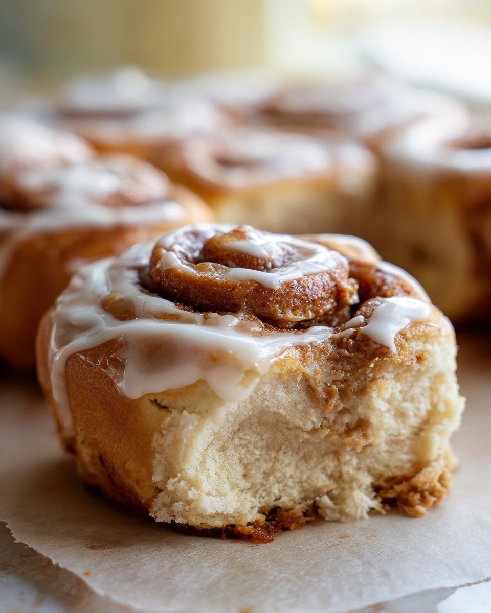 A close-up of a soft, fluffy Biscoff Cookie Butter Cinnamon Roll with white icing, showing a bite taken out.