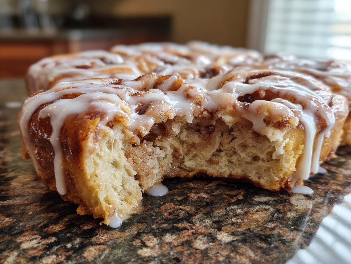 Close-up of a soft Biscoff Cookie Butter Cinnamon Roll with a bite taken out, drizzled with white icing.