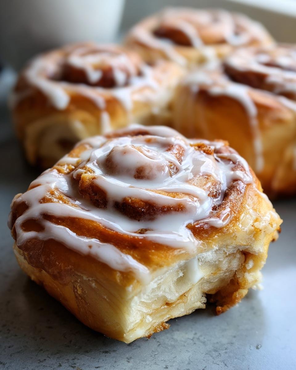 Close-up of a soft, glazed Biscoff Cookie Butter Cinnamon Roll, showing its fluffy layers and white icing drizzle.