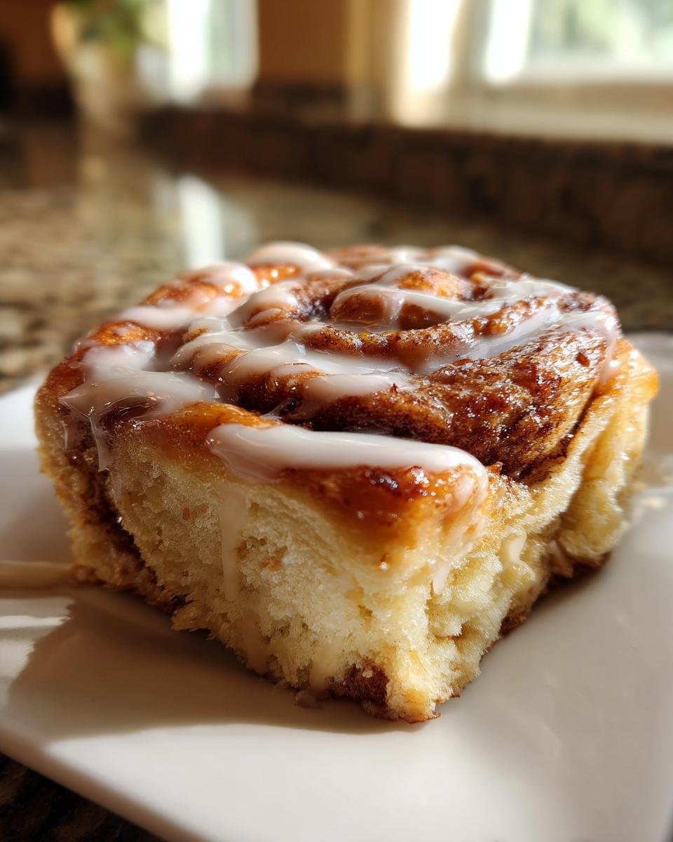 A single, soft Biscoff Cookie Butter Cinnamon Rolls slice generously topped with white vanilla icing.