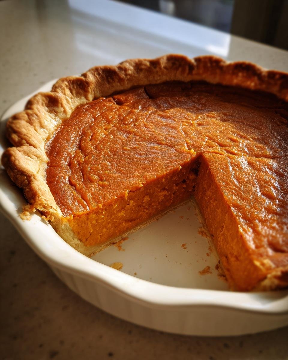 A golden brown Blender Maple Sweet Potato Pie in a white dish with one slice cut out, showing the creamy orange filling.