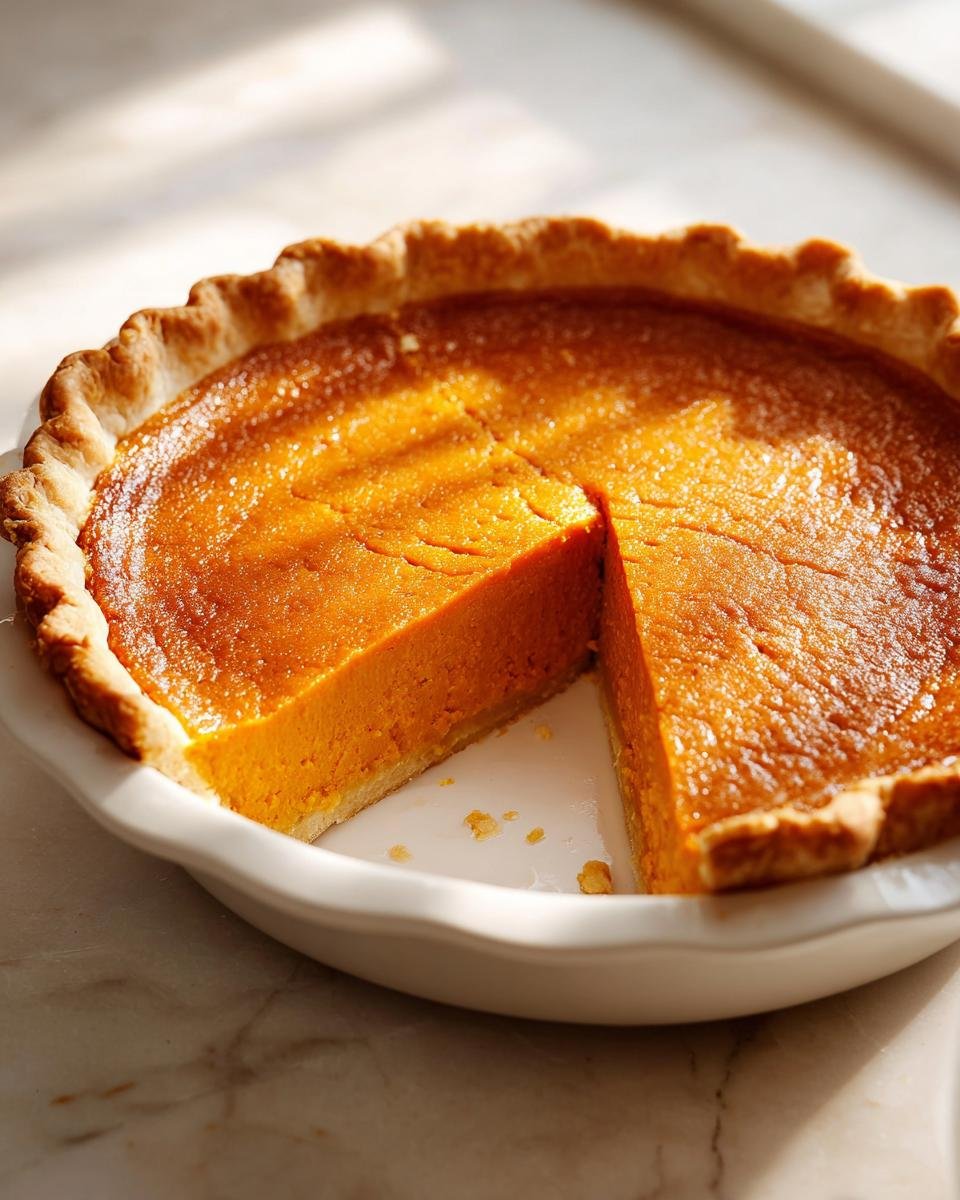 A whole Blender Maple Sweet Potato Pie in a white dish with one slice cut out, showing the rich orange filling.