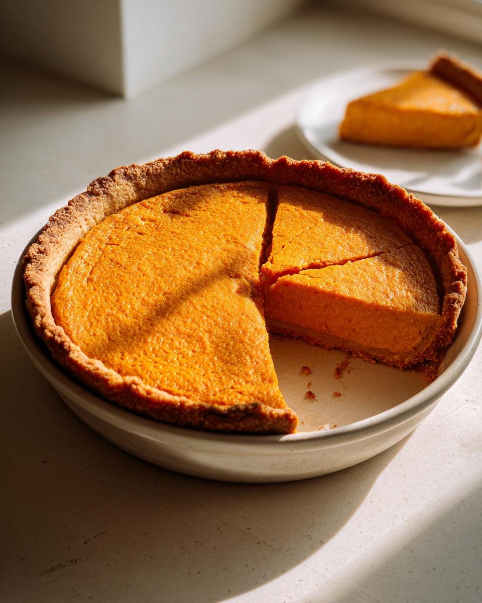 A whole Blender Maple Sweet Potato Pie in a ceramic dish with one slice cut out, showing the bright orange filling.