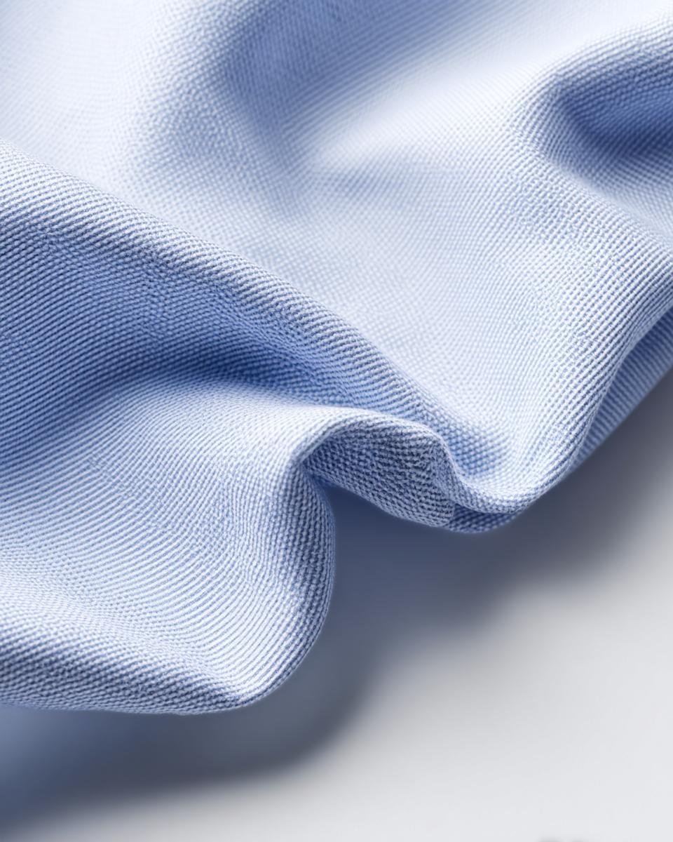Detailed close-up of light blue seersucker fabric, highlighting its characteristic puckered texture.