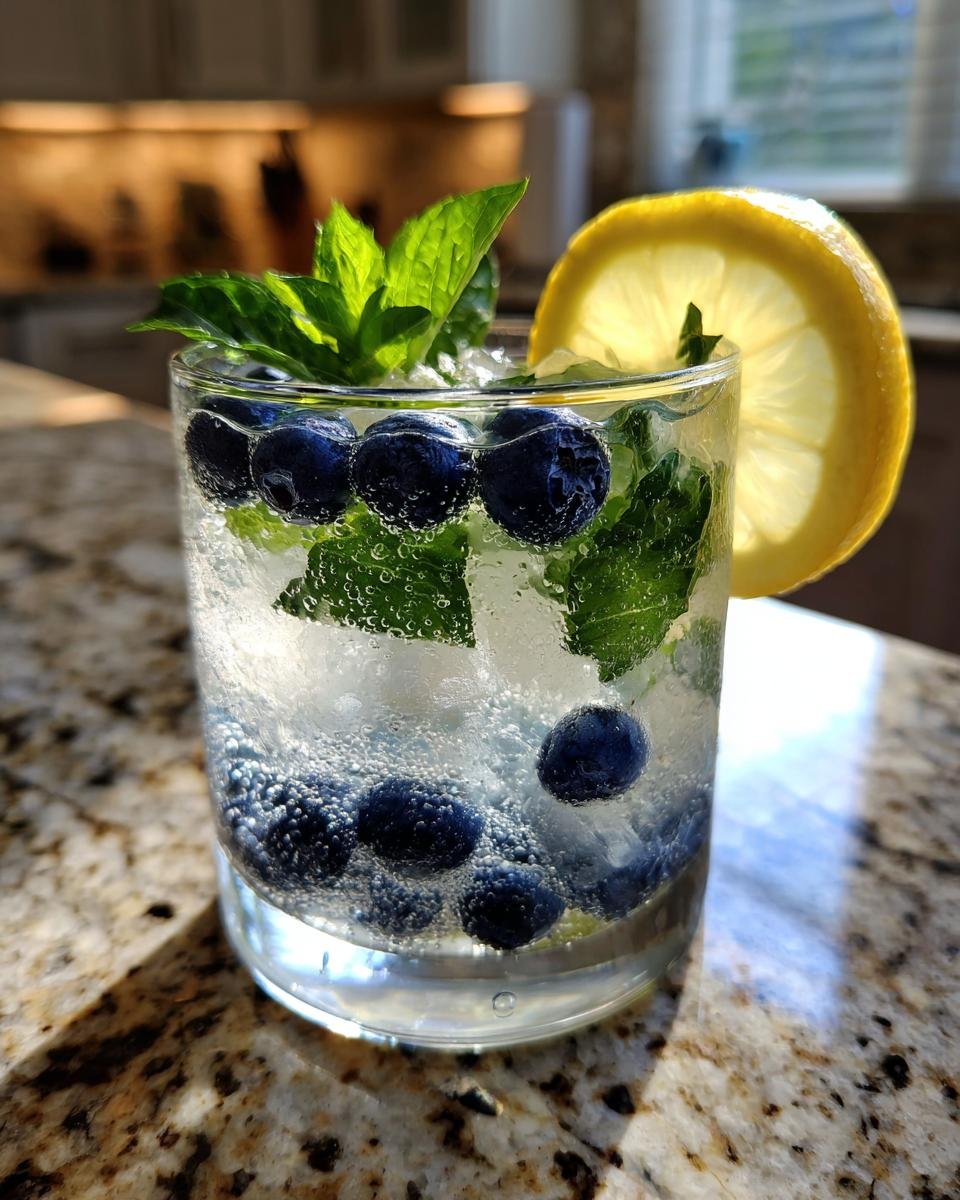 A glass of Blueberry Basil Lemon Mocktail with fresh blueberries, mint, and a lemon slice, filled with ice and bubbles.