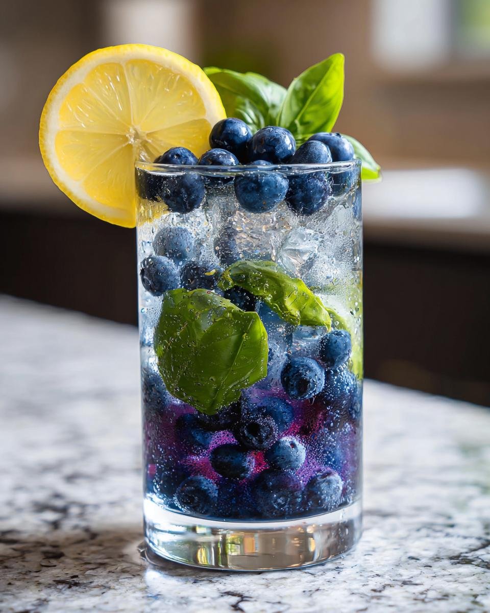 A tall glass filled with ice, blueberries, basil leaves, and a lemon slice, showcasing a vibrant Blueberry Basil Lemon Mocktail.
