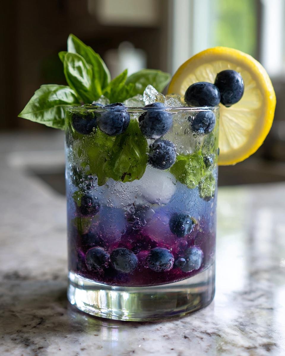 A close-up of a Blueberry Basil Lemon Mocktail in a glass, filled with blueberries, basil leaves, ice, and a lemon slice.