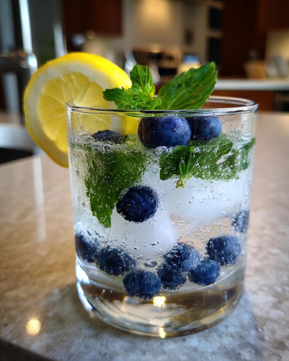 A close-up of a Blueberry Basil Lemon Mocktail with fresh blueberries, mint, and a lemon slice in a glass filled with ice.