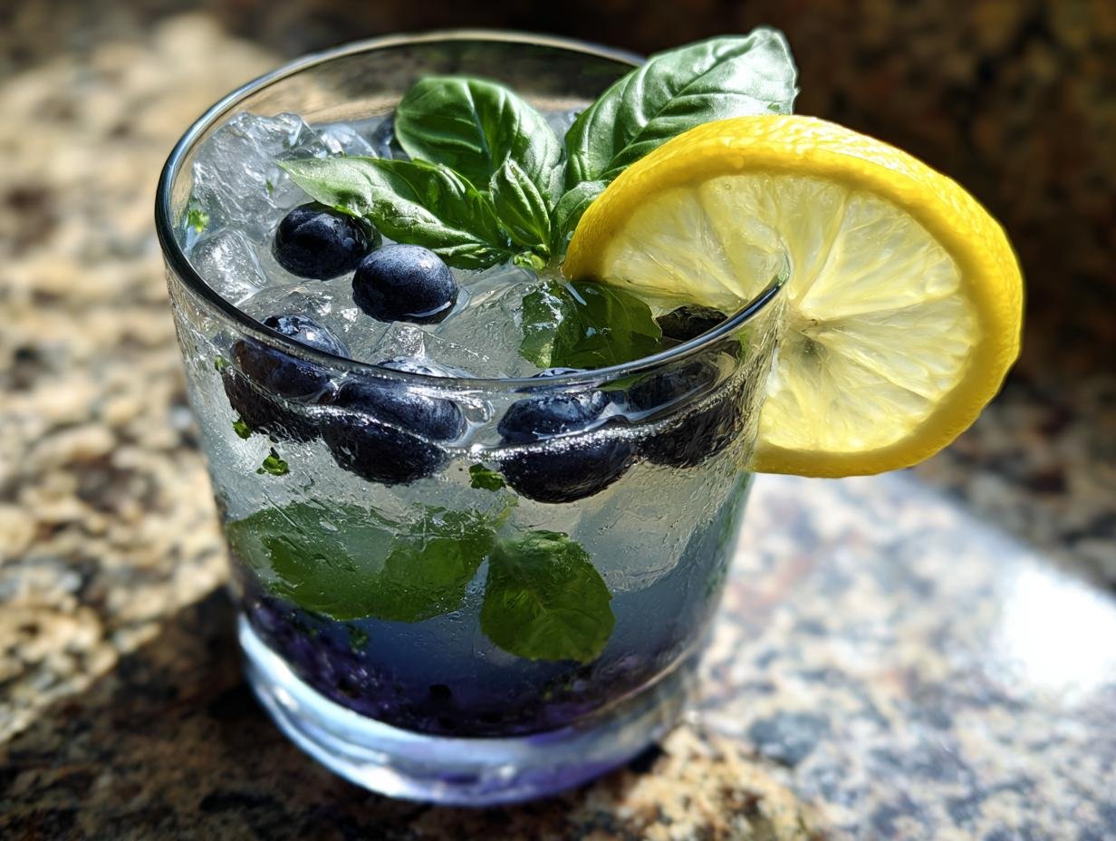 A close-up of a Blueberry Basil Lemon Mocktail with fresh blueberries, basil leaves, a lemon slice, and ice.