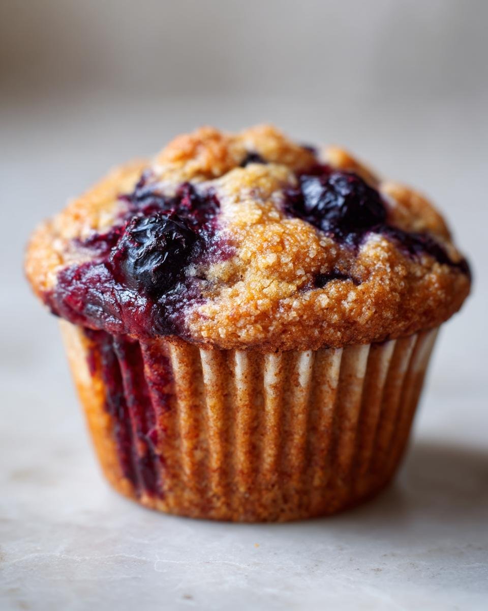 A single Blueberry Blackberry Jam Muffin with visible berries and a golden-brown, crumbly top.