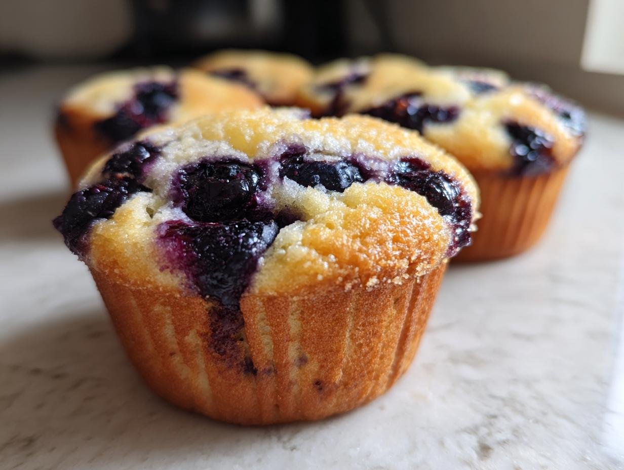 Close-up of fresh Blueberry Blackberry Jam Muffins with visible berries and a golden-brown top.