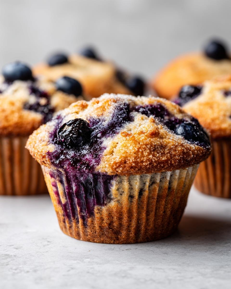 A close-up of a delicious Blueberry Blackberry Jam Muffin, topped with sugar and fresh blueberries.