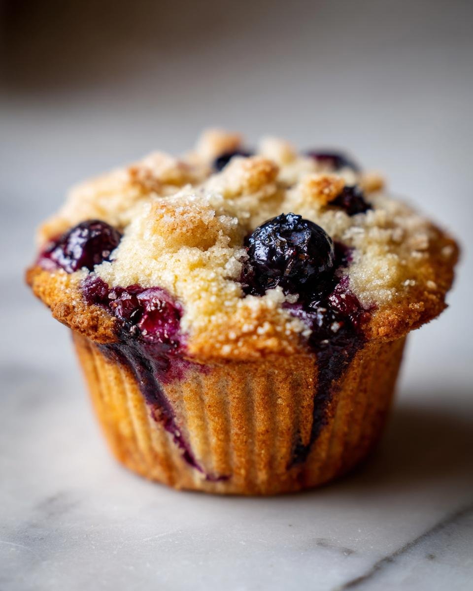 Close-up of a delicious Blueberry Blackberry Jam Muffin with a crumbly streusel topping and oozing jam.