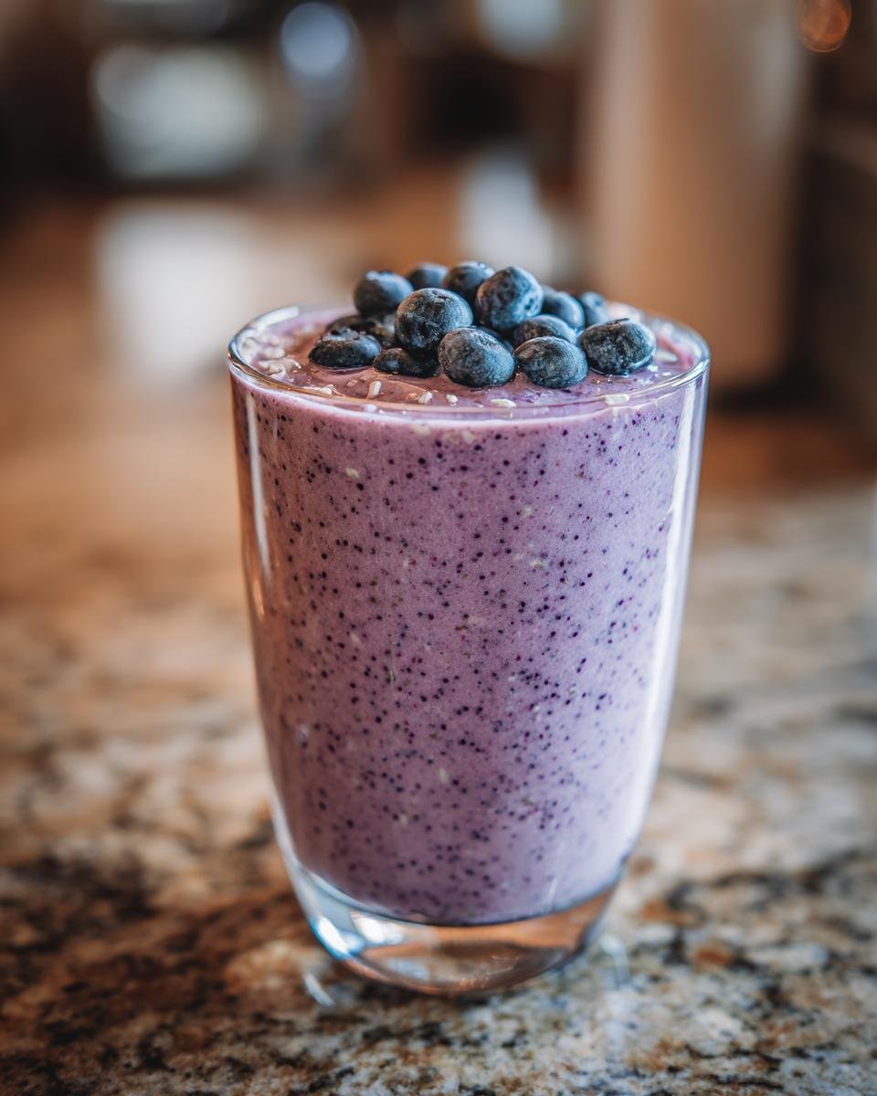 A refreshing Blueberry Coconut Chia Smoothie topped with fresh blueberries in a clear glass.