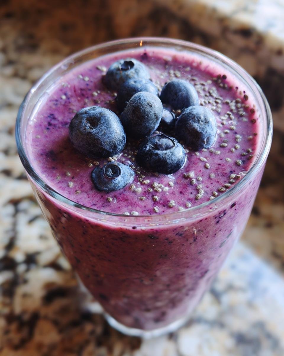 Close-up of a vibrant Blueberry Coconut Chia Smoothie in a glass, topped with fresh blueberries and chia seeds.