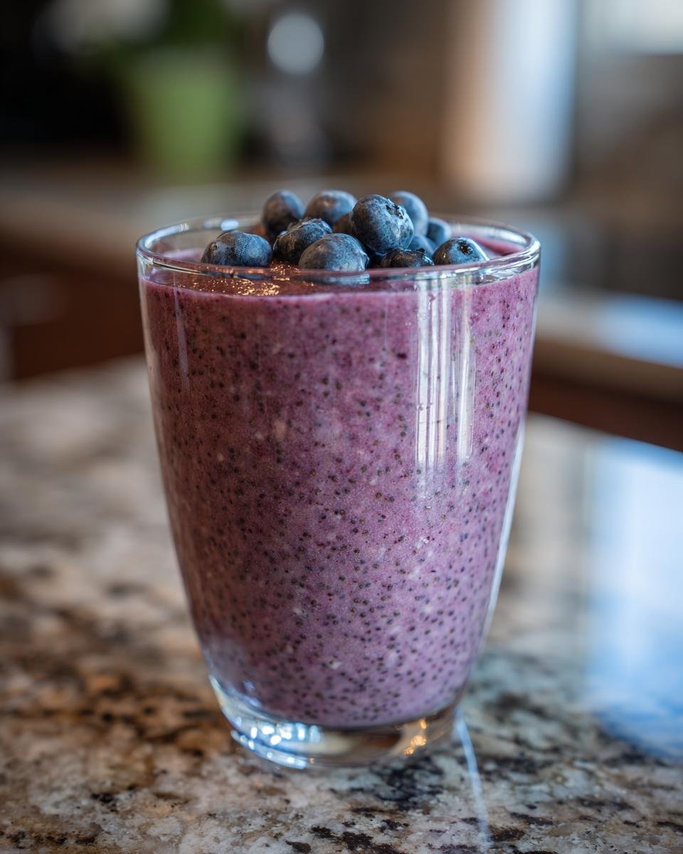 A refreshing Blueberry Coconut Chia Smoothie topped with fresh blueberries in a clear glass.