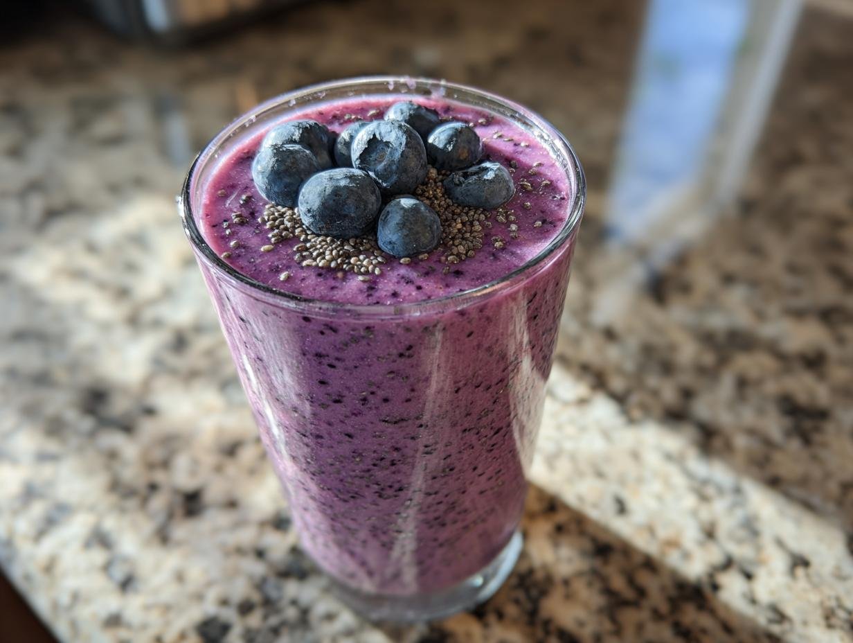 A refreshing Blueberry Coconut Chia Smoothie in a glass, topped with fresh blueberries and chia seeds.
