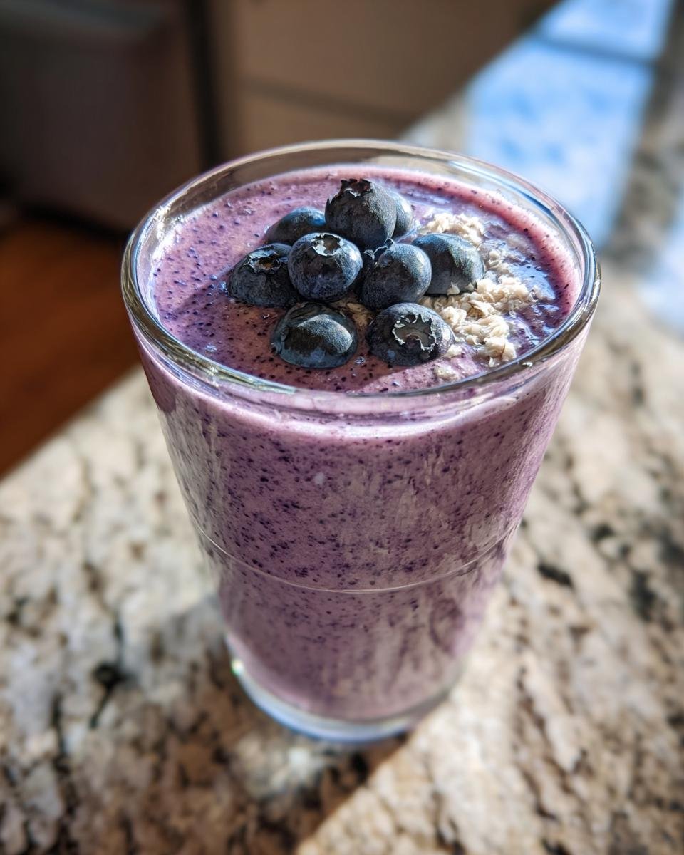 A refreshing Blueberry Coconut Chia Smoothie topped with fresh blueberries and a sprinkle of oats.