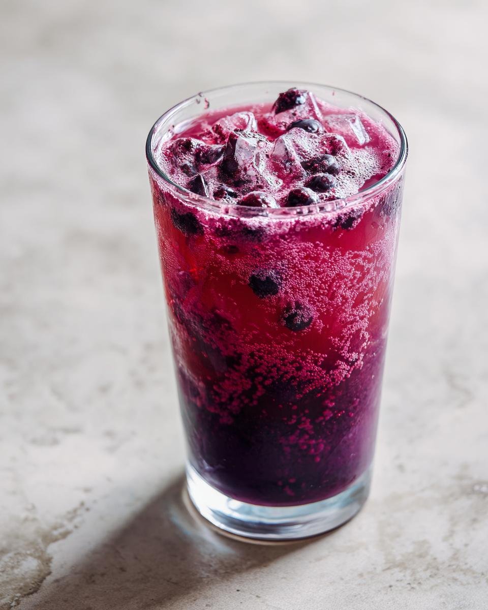 A tall glass filled with Blueberry Coconut Water Lemonade, ice, and fresh blueberries, showing vibrant purple and pink hues.