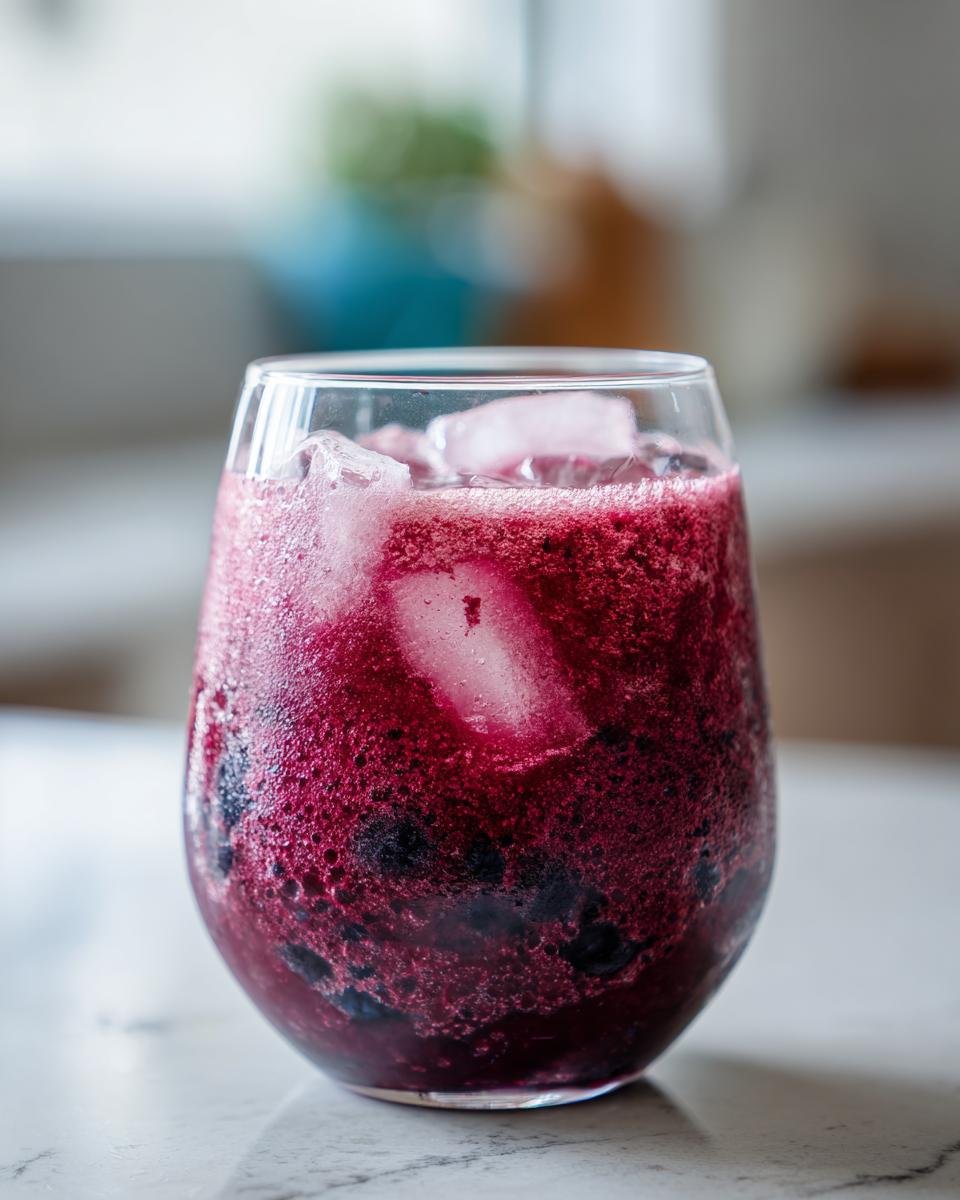 A close-up shot of a glass filled with Blueberry Coconut Water Lemonade, complete with ice cubes and whole blueberries.