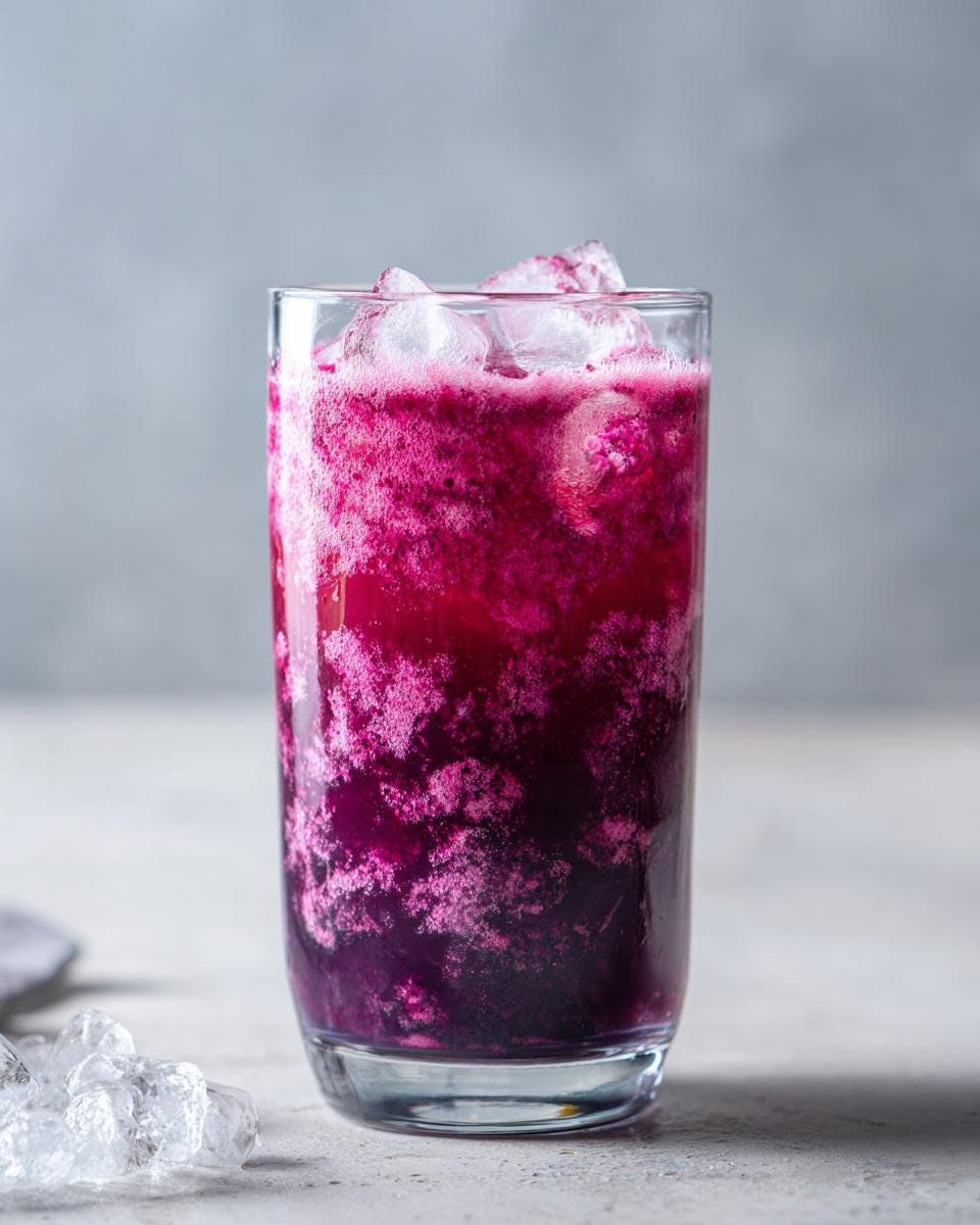 A tall glass filled with vibrant Blueberry Coconut Water Lemonade and ice, with a frothy pink and purple layer.