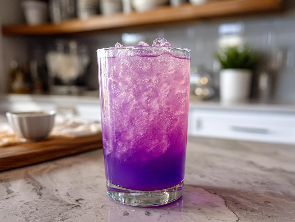 A tall glass filled with Blueberry Coconut Water Lemonade, layered with purple and pink hues, and crushed ice.
