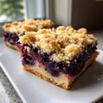 Two slices of rich Blueberry Dump Cake bars featuring a thick layer of dark blueberries and a golden crumble topping.
