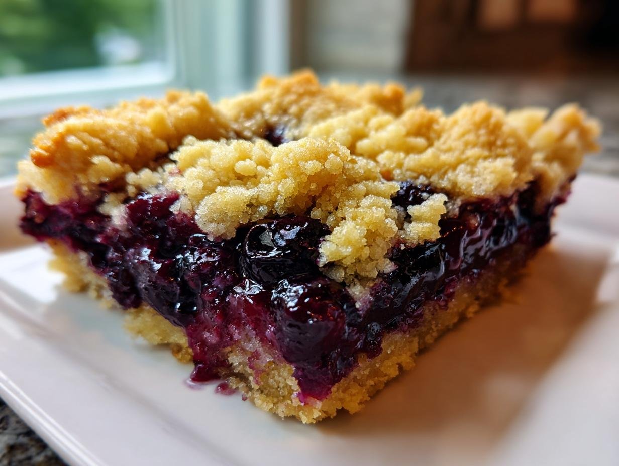 Close-up of a rich slice of Blueberry Dump Cake showing a thick layer of gooey blueberries and a golden crumb topping.
