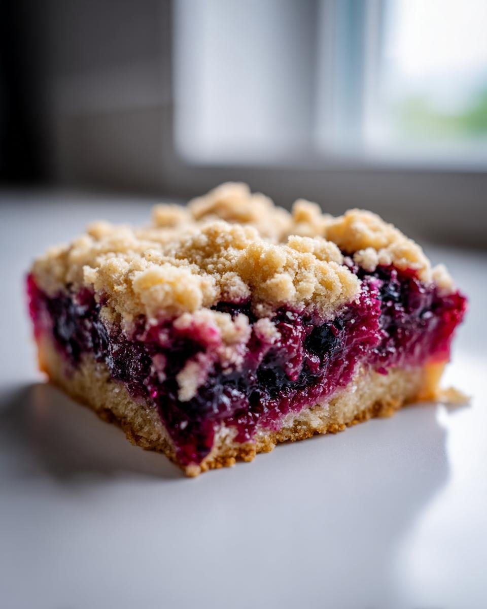Close-up of a square slice of rich Blueberry Dump Cake showing a thick, jammy blueberry filling and a golden crumble topping.