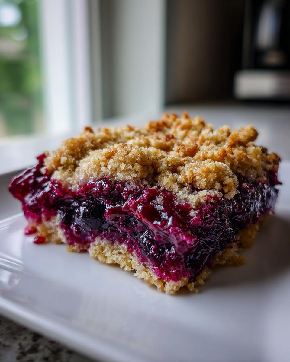 A close-up of a square slice of rich Blueberry Dump Cake showing a thick, gooey blueberry filling and a golden crumble topping.