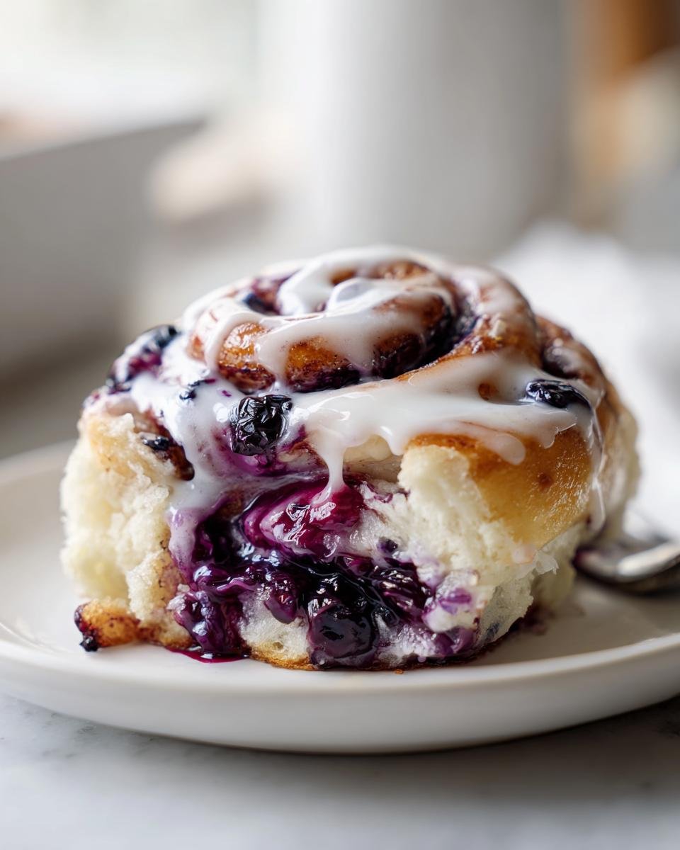 A single, gooey Blueberry Pie Cinnamon Rolls topped with white glaze, showing rich blueberry filling.