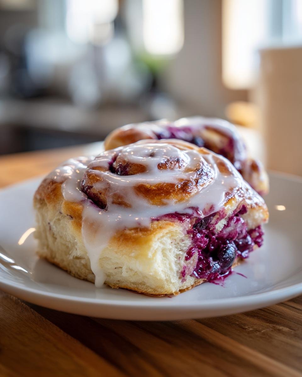 A close-up of a freshly baked Blueberry Pie Cinnamon Roll, drizzled with white icing, showing the blueberry filling.