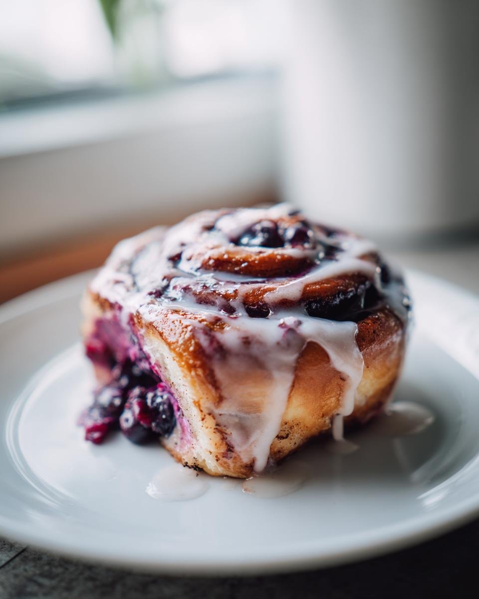 Close-up of a single, warm Blueberry Pie Cinnamon Rolls drizzled with white icing on a white plate.