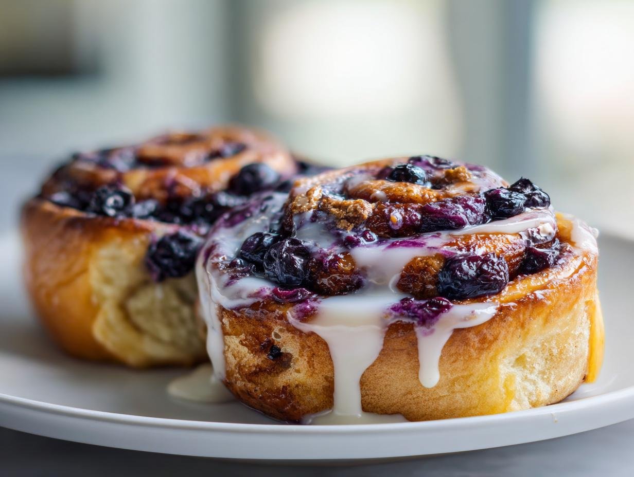 Two delicious Blueberry Pie Cinnamon Rolls topped with sweet glaze and baked blueberries on a white plate.